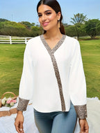 Spring and Autumn Women's V-neck Leopard Printed Thin Casual Elegant Long Sleeve Top