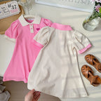 2026 Summer Stylish Girls' Polo Shirt Dresses 1-7Y Trendy Embroidered Heart Lapel Dress for Kid's Children's Clothing Outfit