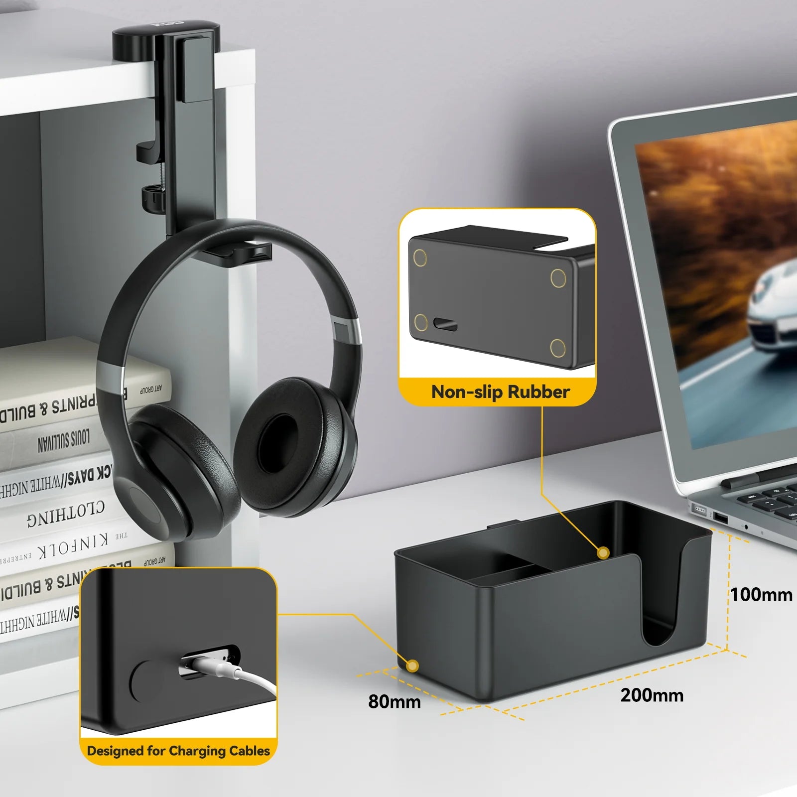 4 in 1 Desk Headphone Hanger Clamp on Under Desk Cup Holder Rotating Headphone Holder Detachable Pen Cup Holder Desk Storage