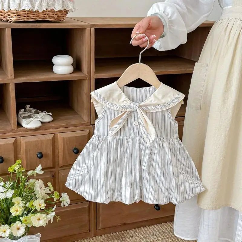 2026 Summer New Girls Preppy Style Striped Vest Dress Cotton Baby Girl Sailor Collar Sleeveless Dress Infant Toddler Clothes