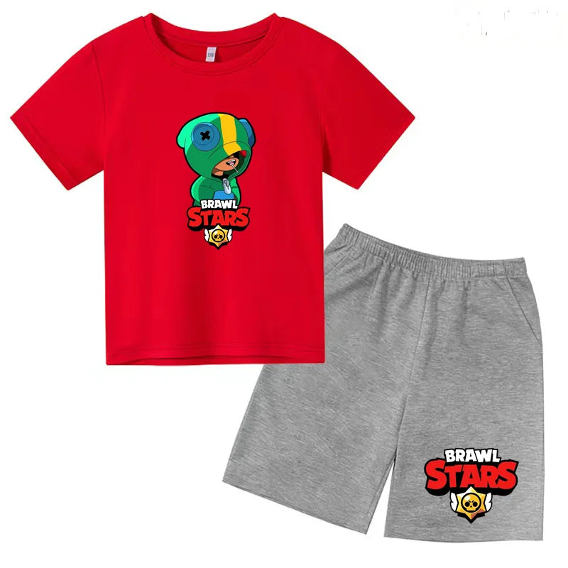 Children's Set Summer Suitable for Both Boys and Girls -Round-neck Cartoon Anime Sports T-Shirt Baby Short-Sleeved Shorts (Set)