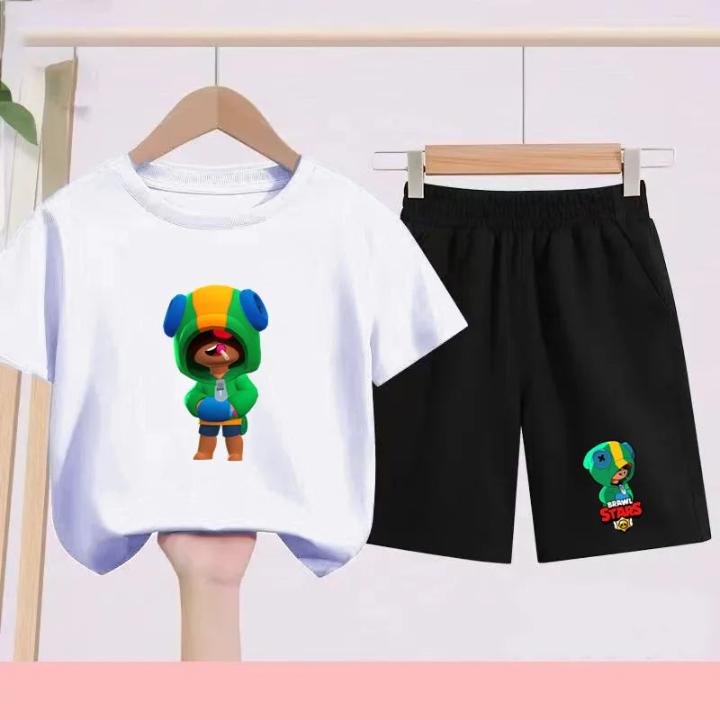 Children's Set Summer Suitable for Both Boys and Girls -Round-neck Cartoon Anime Sports T-Shirt Baby Short-Sleeved Shorts (Set)