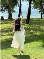 2026 New Girls Dresses Summer Solid Suspenders Dress Hollow-out Long-Sleeved Base Blouse Kid's Beach Wear