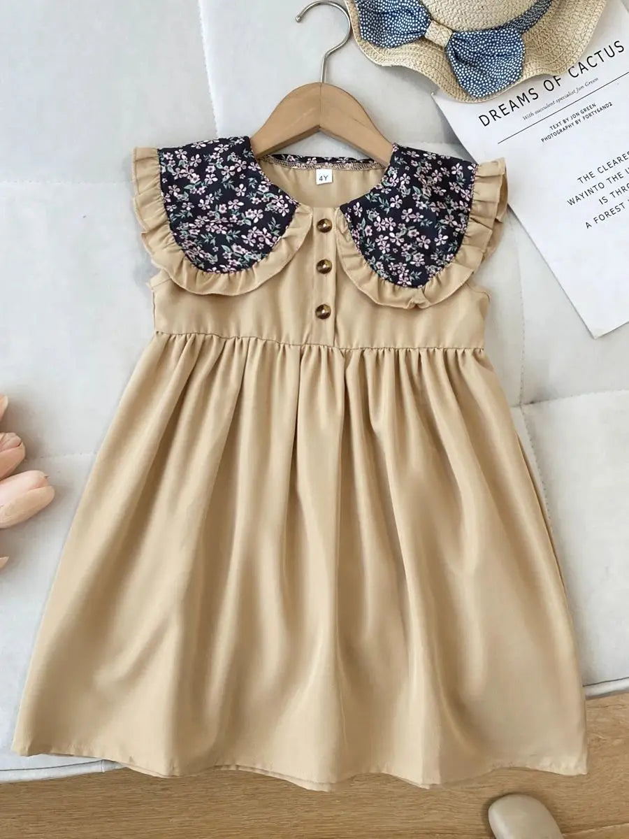 New Girls' Dress 2026 Summer Fashion Floral Navy Collar Sleeveless Dress Children's Clothes Girl Clothing