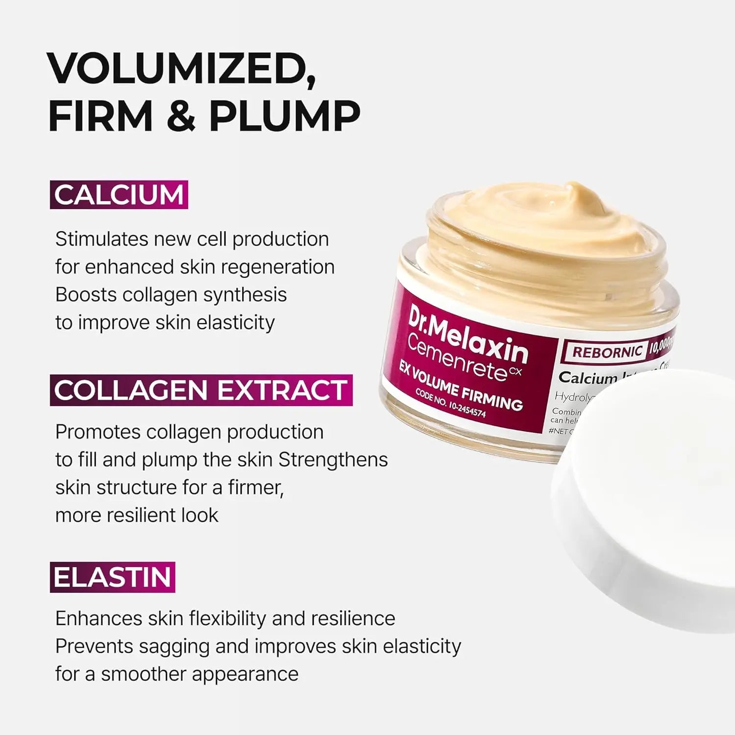 Dr.Melaxin Calcium Intense Firming Cream 50ml (1.69 fl oz) – Rebornic 10,000ppm, Niacinamide & Hydrolyzed Elastin, Lifting