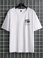 Men's 100% pure cotton fashionable casual loose with Eye Shaped Slogan Print round neck short sleeved T-shirt versatile top
