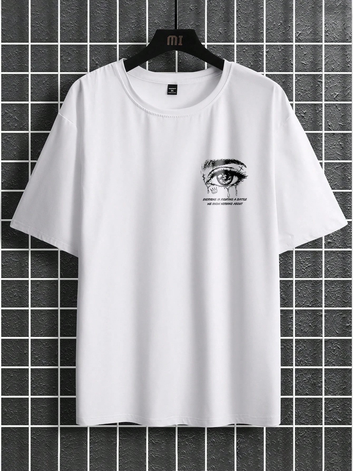 Men's 100% pure cotton fashionable casual loose with Eye Shaped Slogan Print round neck short sleeved T-shirt versatile top