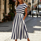 Women Elegant Blue White Stripe Midi Dress Elastic Waist Cap Sleeve Casual A-line Sundress with Pockets for Holiday Daily Wear