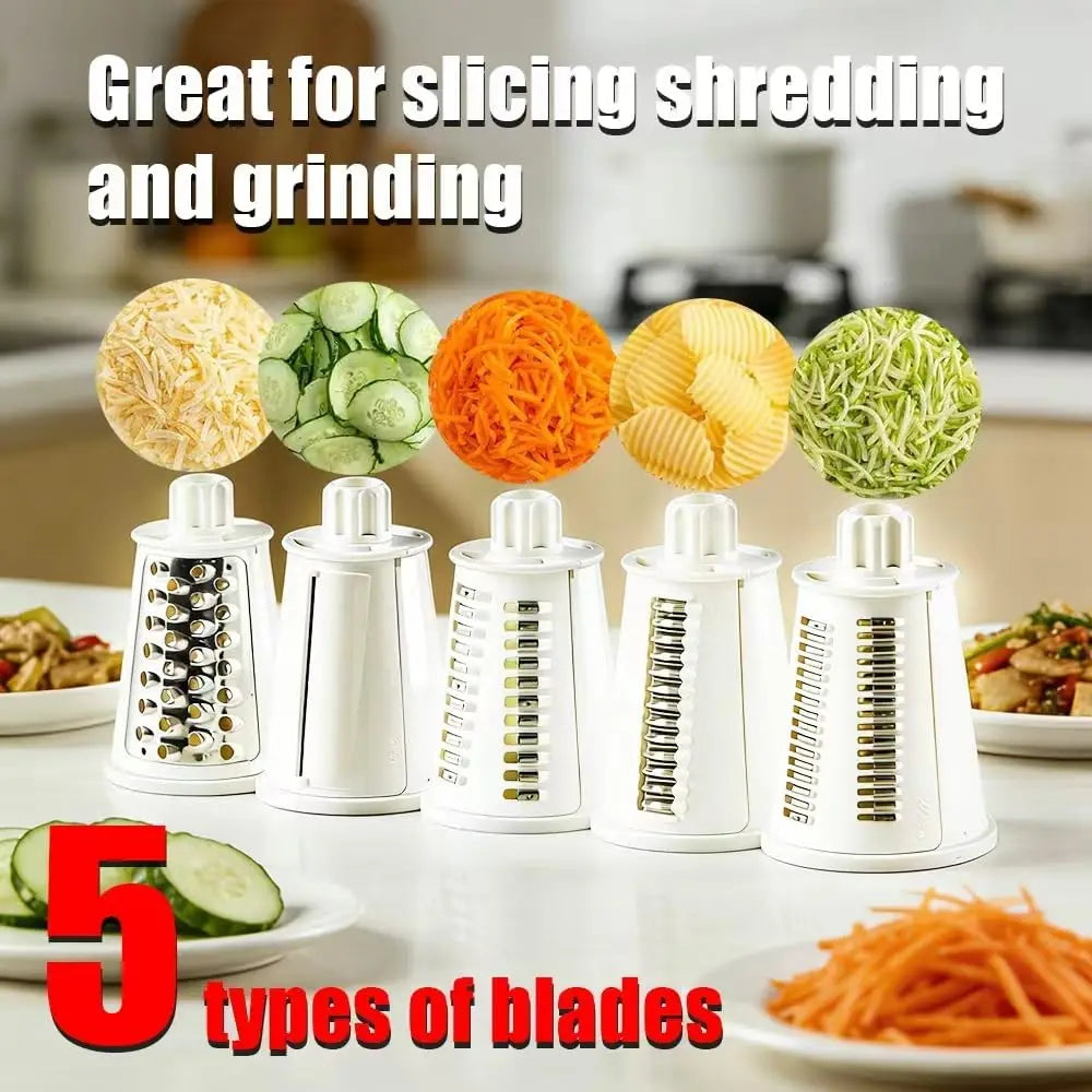 Rotary Cheese Grater, 5 in 1 Cheese Shredder with Handle, Replaceable Stainless Steel Blades, Vegetable Slicer, Easy Clean