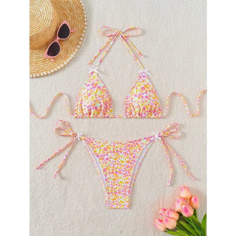 Sexy Leopard Print Two Piece Swimsuit Set Triangle Bra Suspender Halter Backless Bikini Set Beach Vacation Lace-up Swimwear