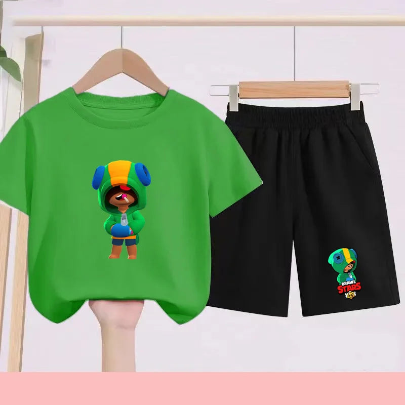 Children's Set Summer Suitable for Both Boys and Girls -Round-neck Cartoon Anime Sports T-Shirt Baby Short-Sleeved Shorts (Set)