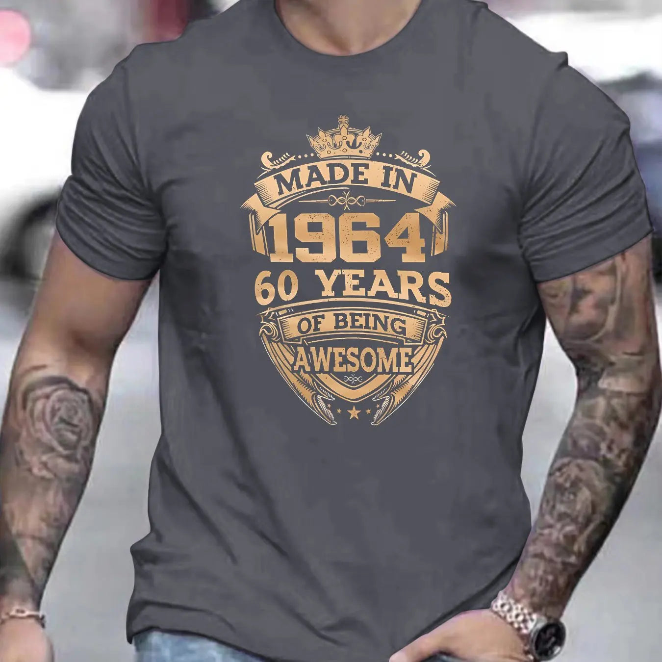 Men's summer 100% pure cotton fashionable sports casual loose fit made in 1964 print round neck short sleeved T-shirt top