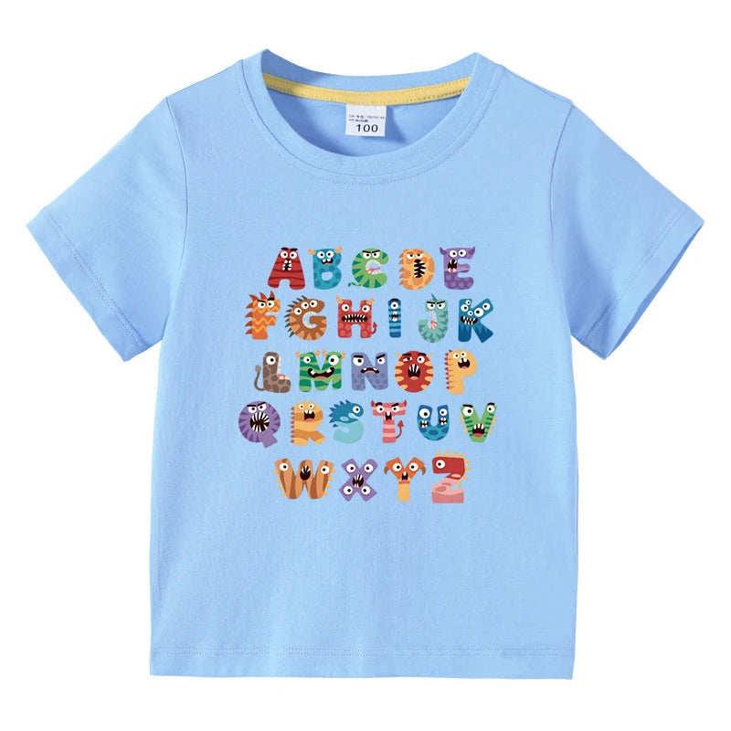 Boys Girls T-Shirt 26 Letters Print Black 100% Cotton Short Sleeve Tee Soft Casual Summer Tops for Kids Children