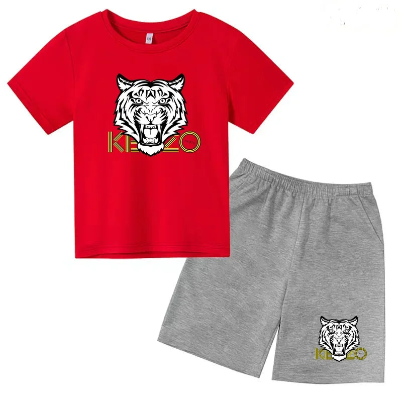 Kids T-shirt Boys Girls Toddlers 3-12Y Fashion Cute Tiger Print Brand Clothing Short Sleeve+Shorts 2P Outdoor Leisure Sports Set