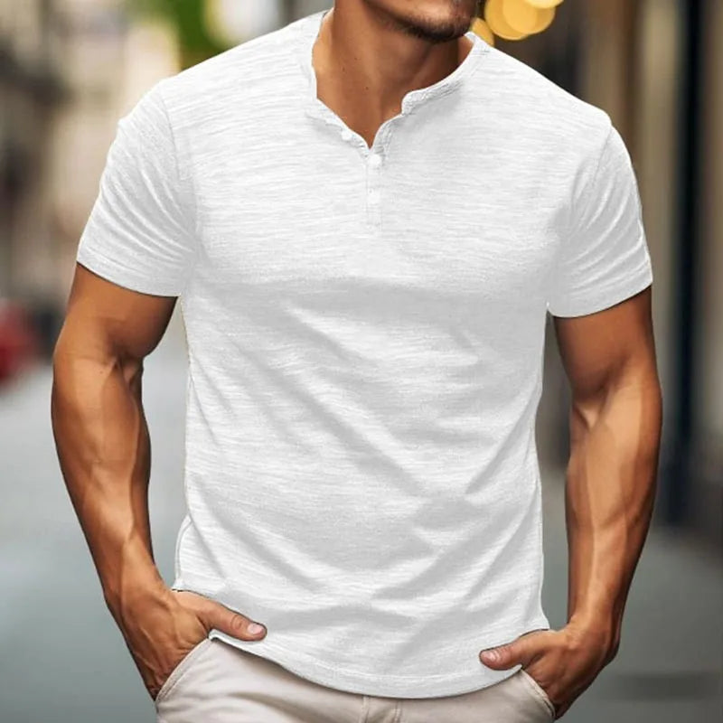 Men's casual Henry-style T-shirt - A fitted short-sleeved round-neck shirt with texture, suitable for daily street wear