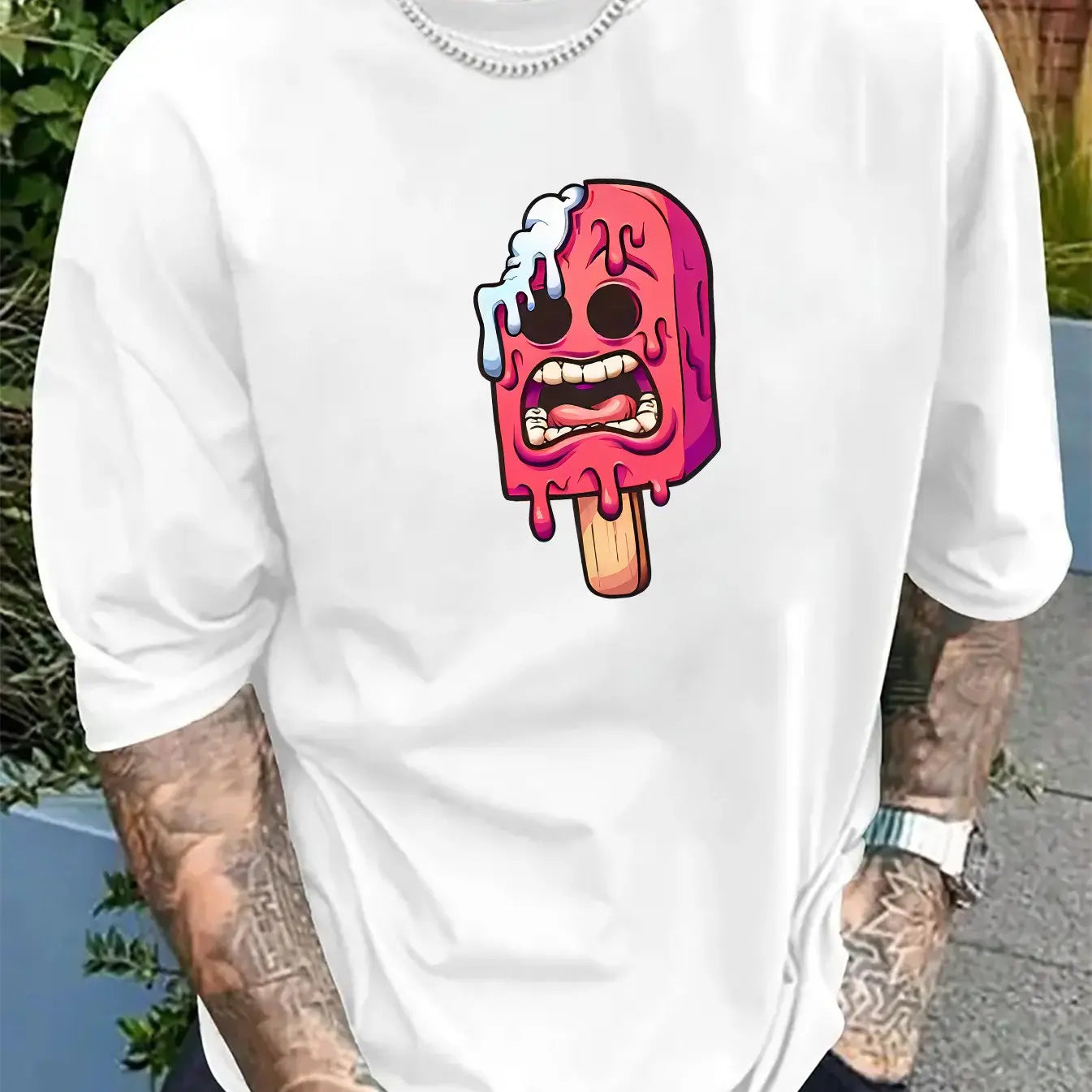 Men's summer 100% pure cotton fashionable casual sports loose ice cream pattern print round neck short sleeved T-shirt top