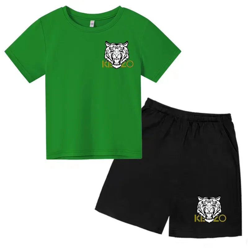 Kids T-shirt Boys Girls Toddlers 3-12Y Fashion Cute Tiger Print Brand Clothing Short Sleeve+Shorts 2P Outdoor Leisure Sports Set