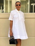 Summer Loose White Cotton Women's Dress  Casual Lapel Short Sleeve Mini Dresses Elegant Classic Solid Female Dress