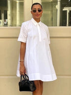Summer Loose White Cotton Women's Dress  Casual Lapel Short Sleeve Mini Dresses Elegant Classic Solid Female Dress