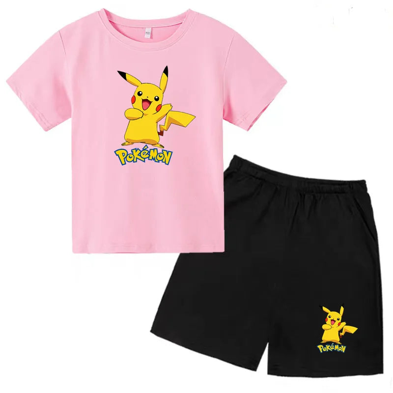 Children's Summer Set Boys and Girls Version Round-neck Cartoon Sports T-shirt - Short-sleeved Short Pants Set Clothing 3-13