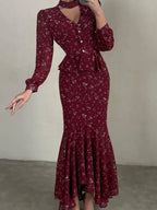 Elegant Choker V Neck Long Sleeve Maxi Dress Ruffle Wine Red Floral Print Waist Fishtail Hem Dresses Lady Party Evening Wear