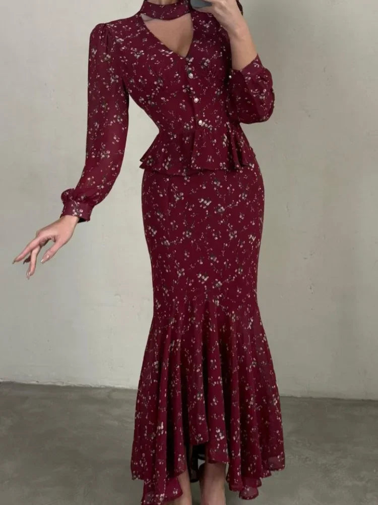 Elegant Choker V Neck Long Sleeve Maxi Dress Ruffle Wine Red Floral Print Waist Fishtail Hem Dresses Lady Party Evening Wear
