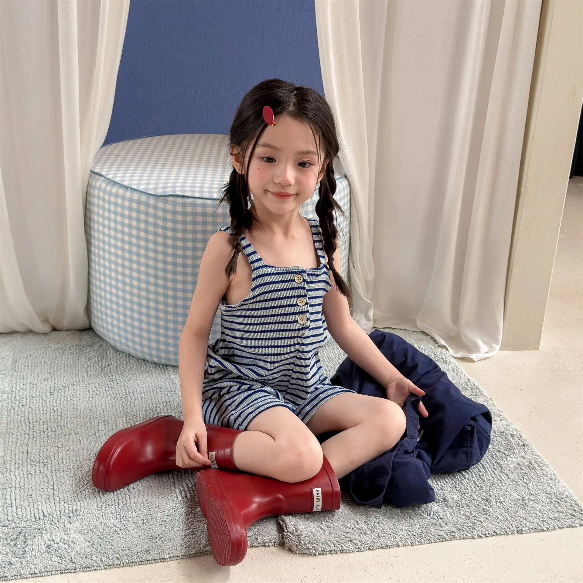 2026 Summer New Children Loose Casual Overalls Toddler Girls Sling Jumpsuit Cotton Boys Thin Striped Strap Shorts Kids Clothes