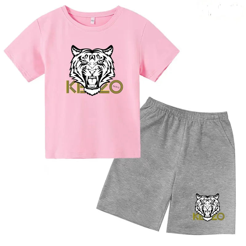 Kids T-shirt Boys Girls Toddlers 3-12Y Fashion Cute Tiger Print Brand Clothing Short Sleeve+Shorts 2P Outdoor Leisure Sports Set