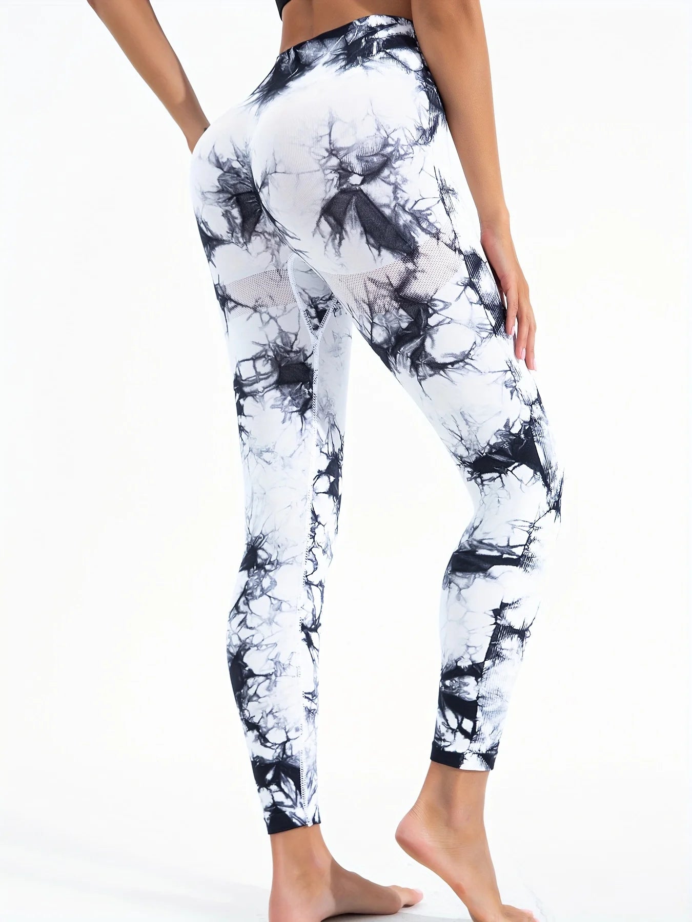 Women Tie Dye High Waist Yoga Leggings, Seamless Ribbed Workout Pants, Quick Dry Compression Gym Fitness Tights