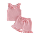 0-3Y Baby Girls Summer Waffle Knit 2Pcs Clothes Set Infant Ruffle Neck Sleeveless Tank Top Pink Shorts Sweet Pink Outfits