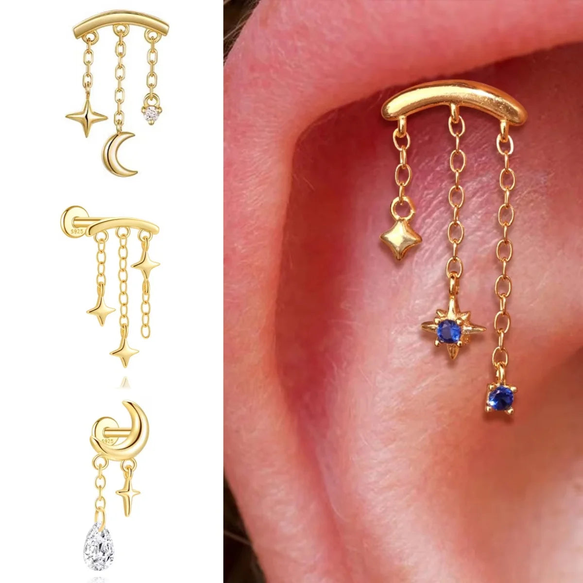 AIDE Star Moon Chain Tassel  925 Sterling Silver Shiny For Woman Piercing Earring Fashion Dainty Luxury Style fine jewelry