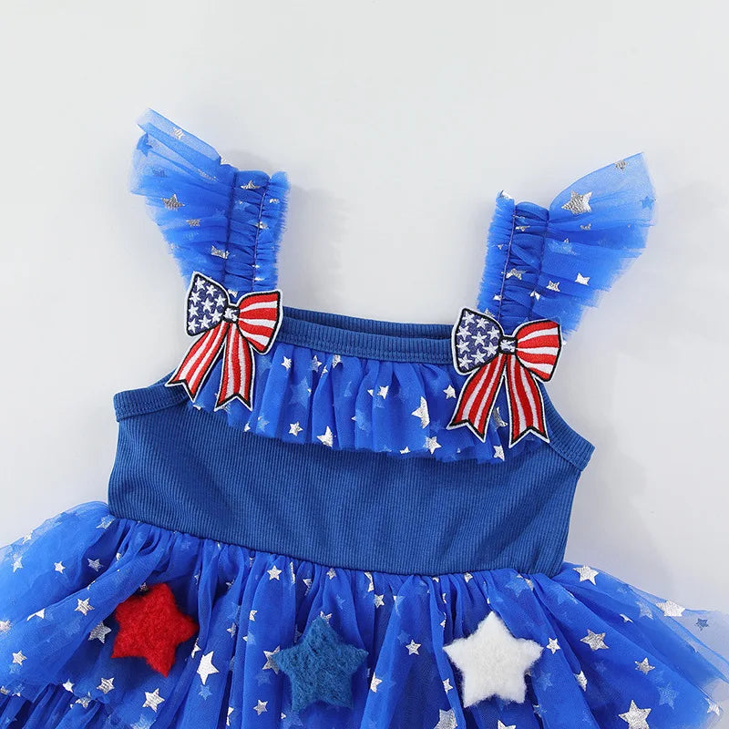 Children Tiered Ruffle Mesh Dresses Girls 4th of July Sleeveless Tutu Dress Star Decor 0-6Y Kids Independence Day Outfit