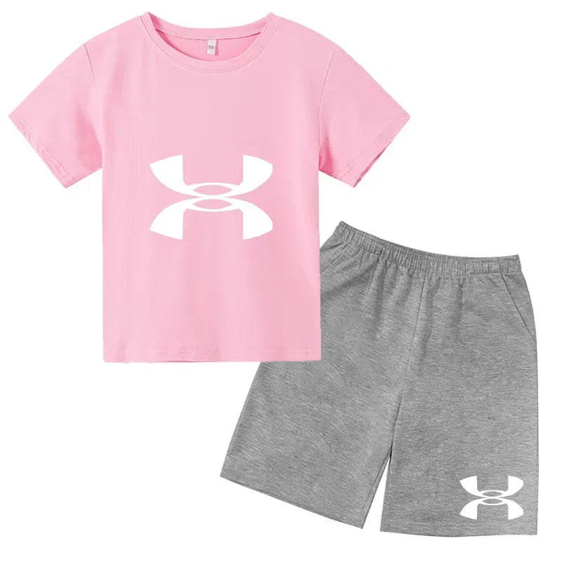 enfants en 2 piècesT-shirt et short de sport à manches courtes pour enfants avec logo imprimé - Ensemble de vêtements de sport