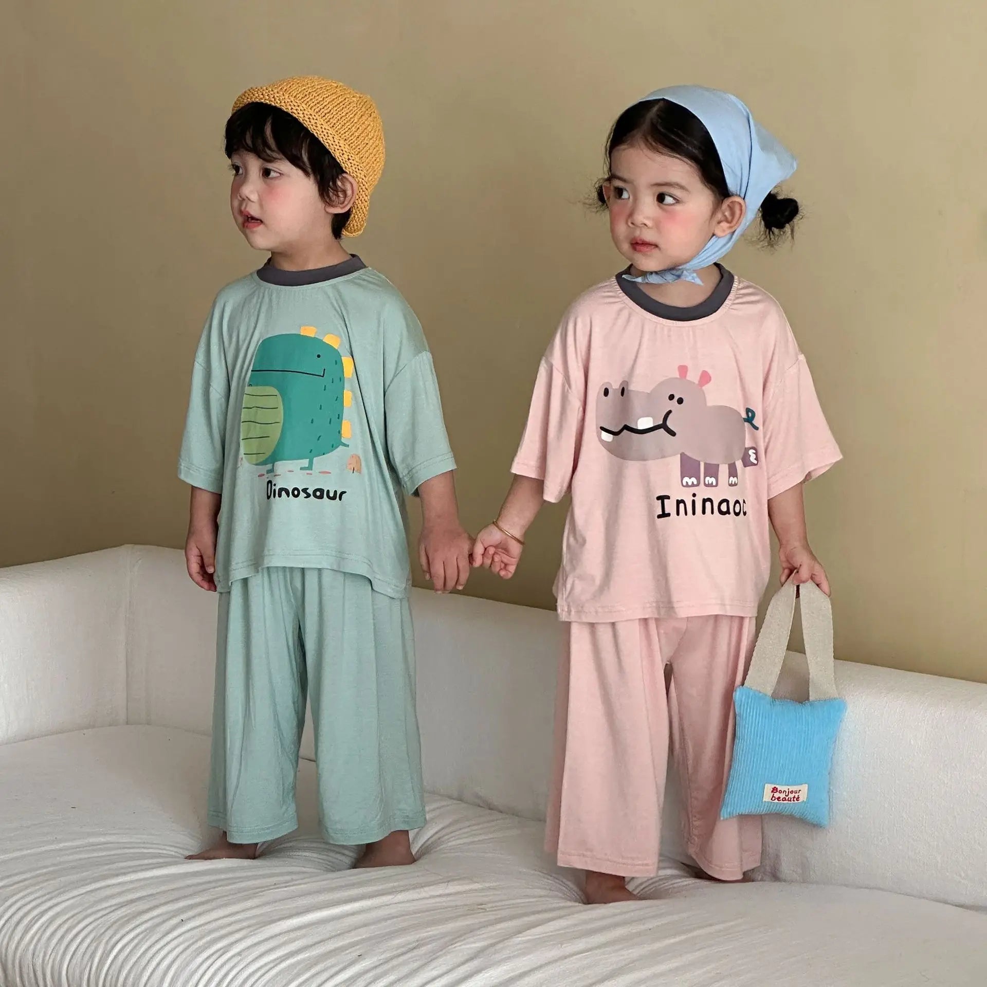 Kids Cute Animal Pajama Set Print Comfortable Sleepwear for Brother Sister 2pcs Summer Children  Cartoon Top Pant Loungewear