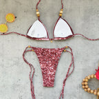 2026 Women's Two-Piece Swimsuit Pink Marble Pattern with Beaded Straps Perfect for Beach Wear and Pool Parties Summer Getaways