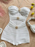 Summer White Bodycon Romper, Strapless with Sun Metal Accents