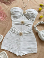 Summer White Bodycon Romper, Strapless with Sun Metal Accents
