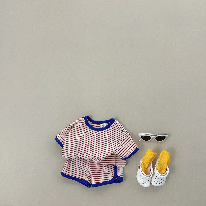 2026 Summer New Children Short Sleeve Clothes Set Boys Girls T Shirts + Shorts 2pcs Suit Baby Cute Striped Kids Casual Outfits