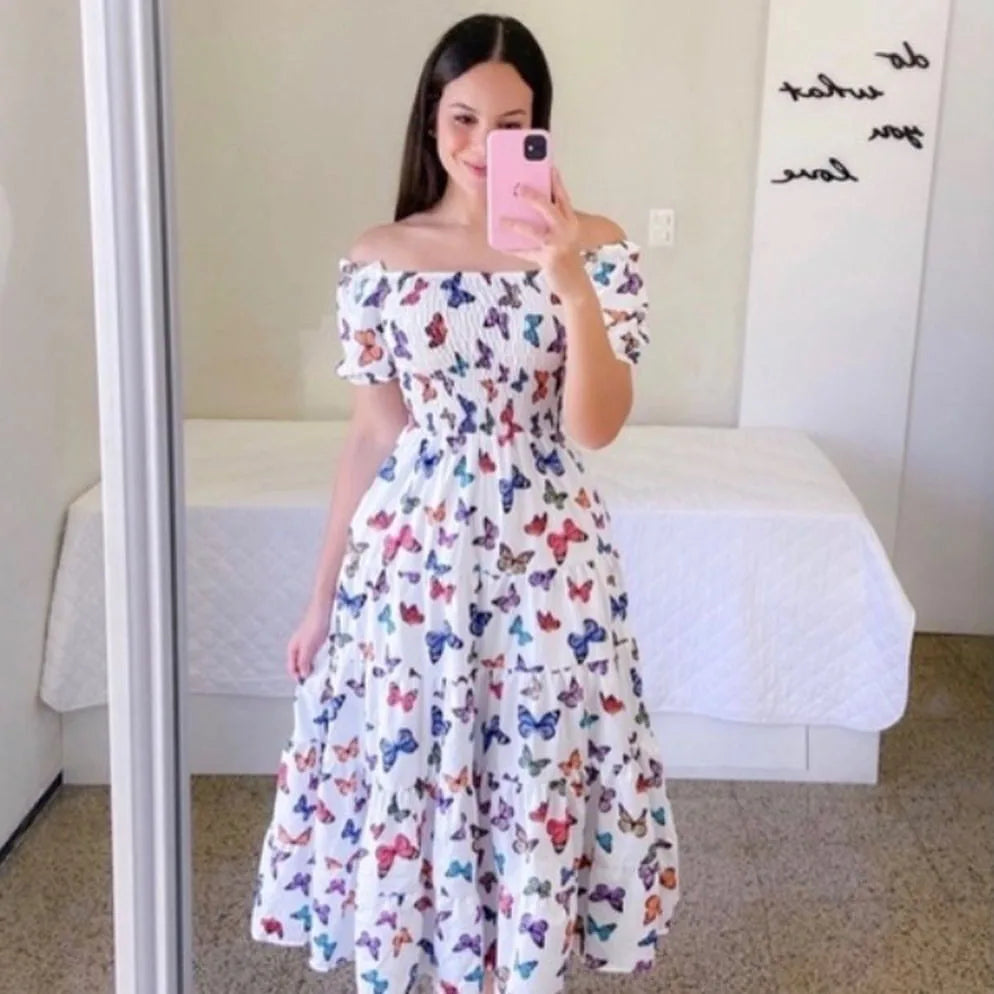 Women's Casual Dresses Elegant Off Shoulder Flower Print Short Sleeve Dress 2026 Trends Beach Birthday Party Dress Robe Vestidos