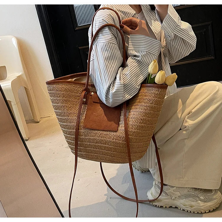 Handmade Beach Vacation Straw Woven Bag For Women Single-Shoulder Summer Straw Beach Bags Shopper Baskets Bohemian Large Tote Ba