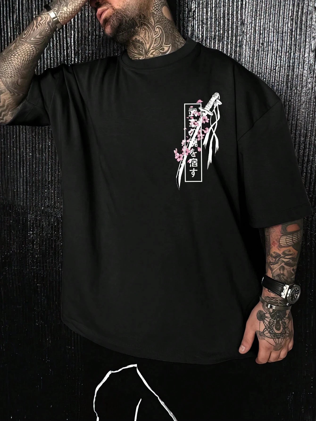 Men's Summer 100% Cotton Fashion Casual Loose Samurai Sword&Cherry Blossom Graphic Print Round Neck Short Sleeve T-shirt Top