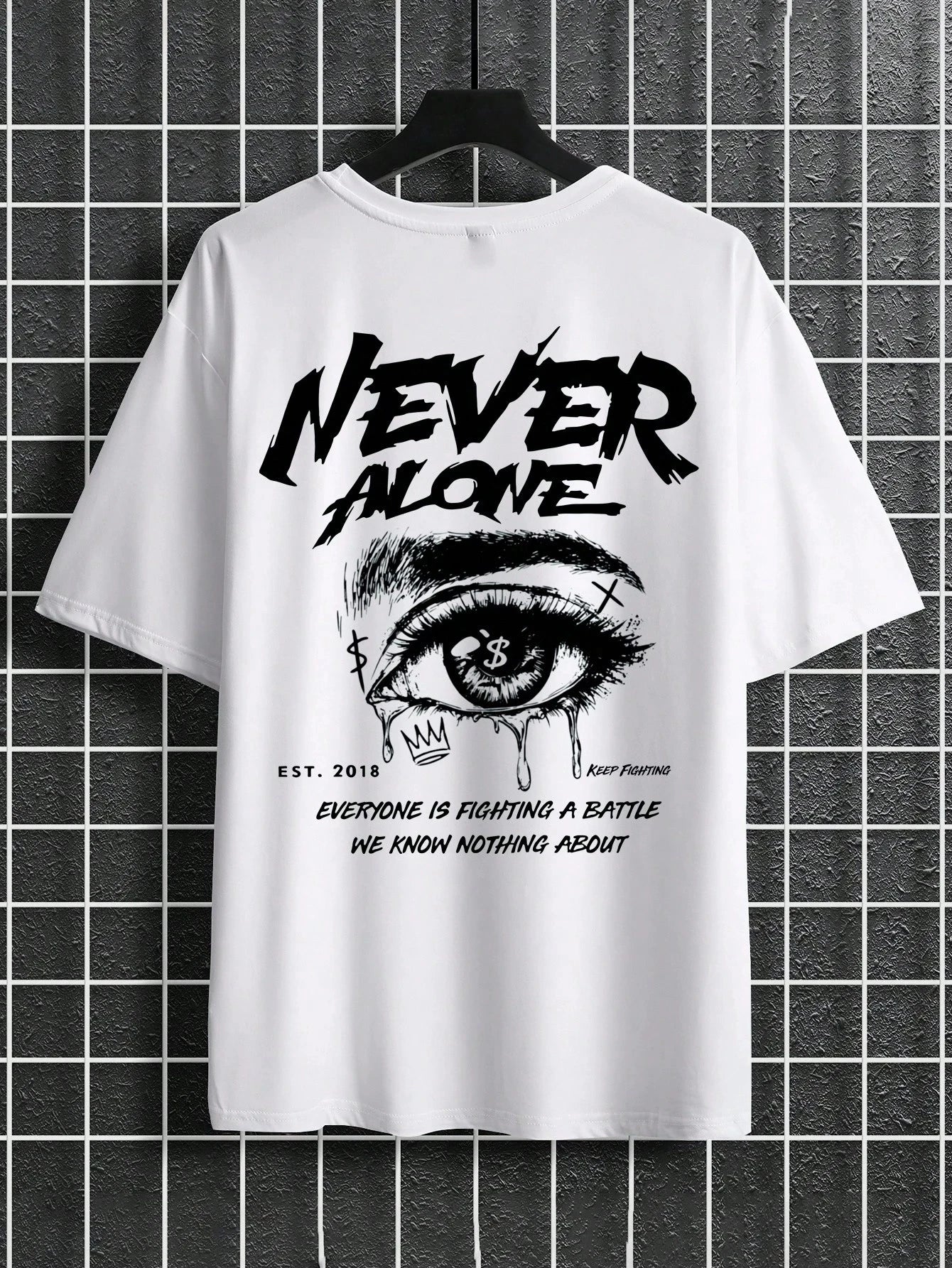 Men's 100% pure cotton fashionable casual loose with Eye Shaped Slogan Print round neck short sleeved T-shirt versatile top