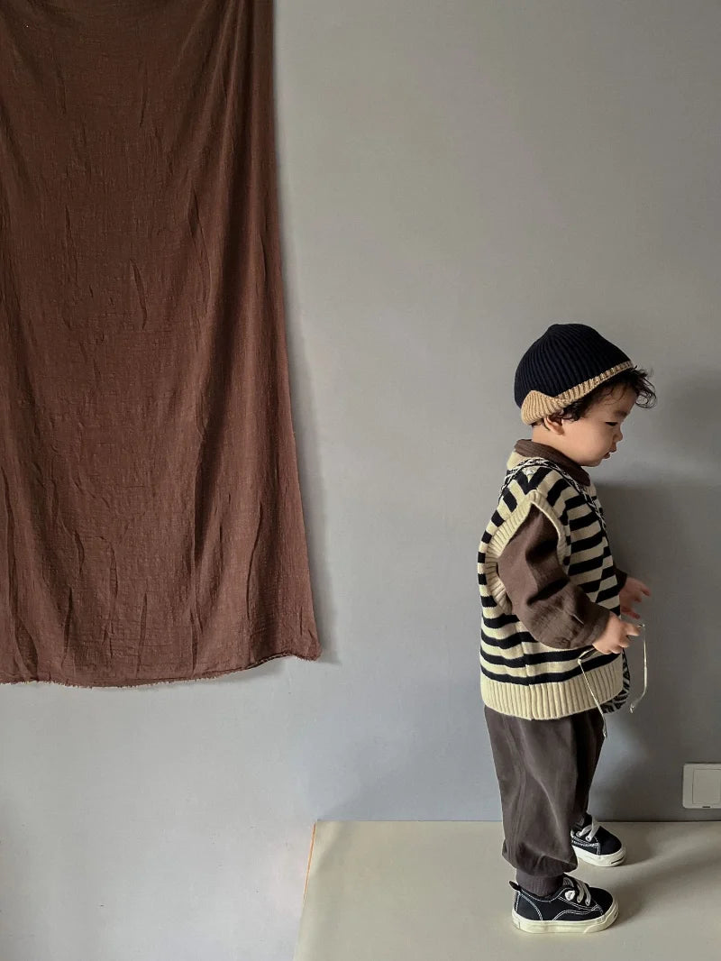 Autumn Baby Boys Striped Sweater Vest Children Cotton Cashmere Pullovers Waistcoat Kids Clothes Toddler Girls Sleeveless Sweater