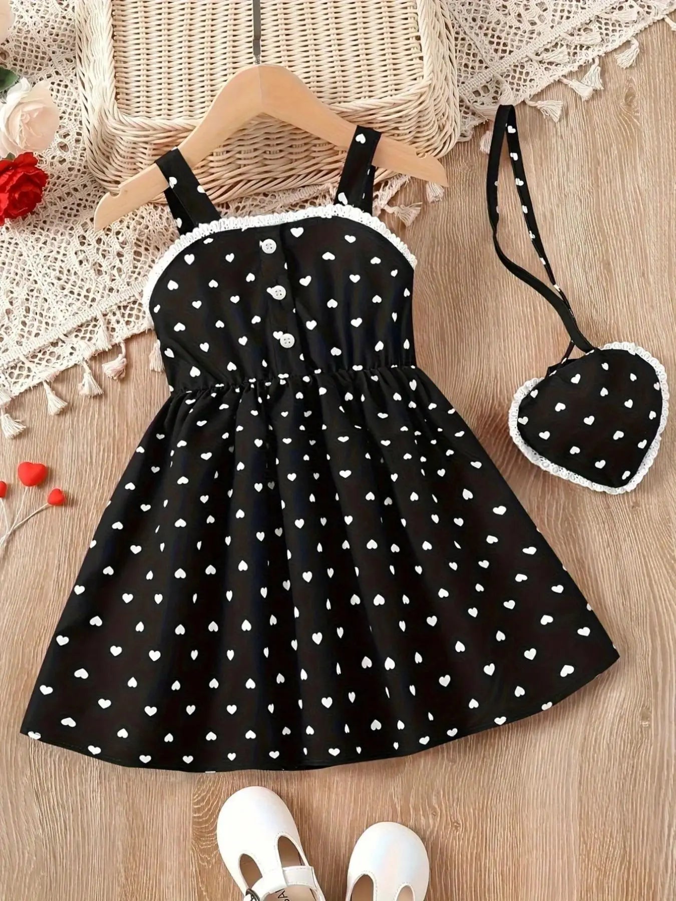 2026 Girls' Summer Fashion Dress, Casual Heart Pattern, Breathable Sleeveless Square Neck, Loose and Comfortable