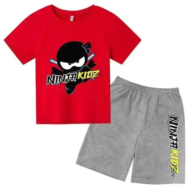 with round neck for boys and girls,Set of t -shirt and short sleeve shorts breathable cotton set with summer ninja print