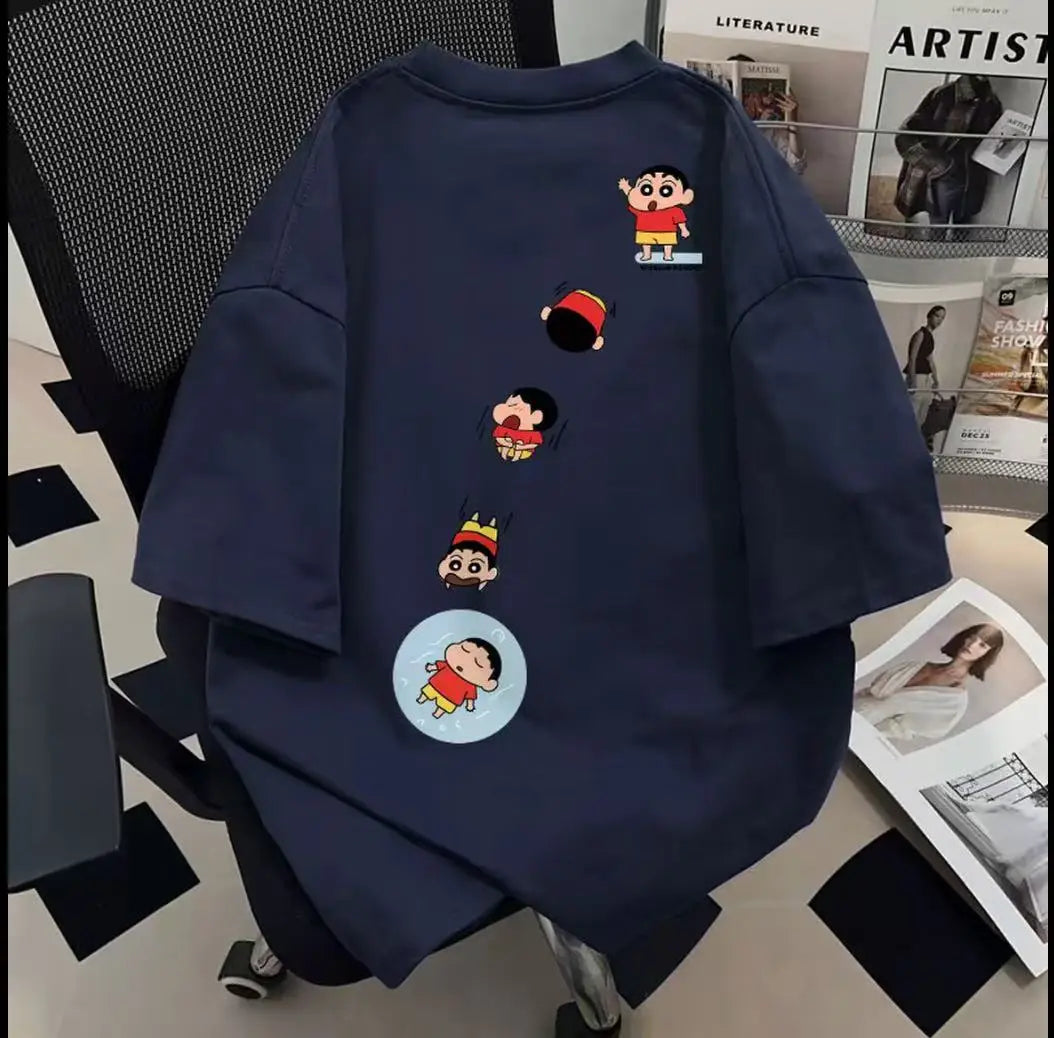 2026 Summer Comic Form Crayon Shin-chan Image 100% Cotton Printed Oversize Casual T-shirt Adult Children Parent-child Top y2k.