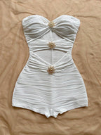 Summer White Bodycon Romper, Strapless with Sun Metal Accents