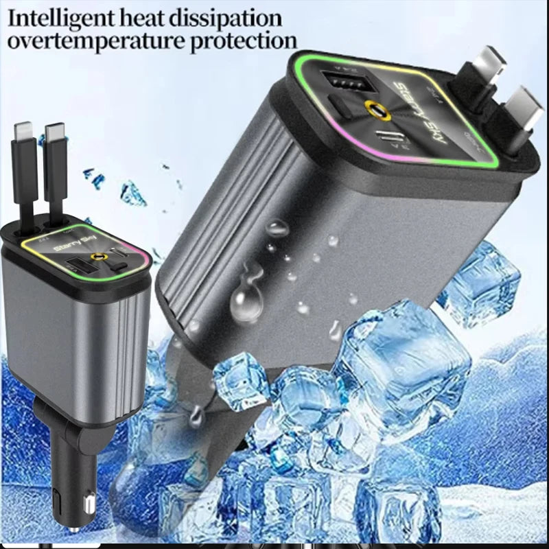 4 in 1 Retractable Car Charger 120W with USB C Lightning Cable Starlight in Auto Roof Fast Charging for IPhone Samsung Phones