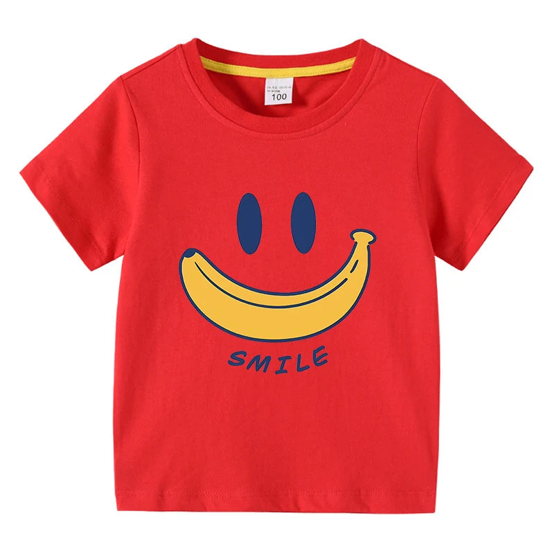 Cute Smiling Banana Kids Short Sleeve T Shirts Boys Girls Same Style Cartoon Casual Tees Comfortable Children Clothing