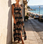 2026Women's Boho Tie-Dye Print Maxi Dress with Bow Straps High Waist Side Split Summer Beach Holiday Sundress